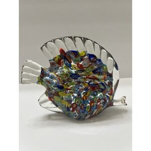 Murano-Style Art Glass Angel Fish Vibrant Millefiori Mosaic Pattern Clear Glass